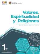Portada del texto de Valores, Espiritualidades y Religiones de 1ro de Secundaria: el nombre del área sobre fondo blanco y hexágonos de color turquesa sobre un fondo verde azulado oscuro, con el número 1ro