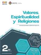 Portada del texto de Valores, Espiritualidades y Religiones de 2do de Secundaria: el nombre del área sobre fondo blanco y hexágonos de color turquesa sobre un fondo verde azulado oscuro, con el número 2do