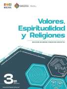Portada del texto de Valores, Espiritualidades y Religiones de 3ro de Secundaria: el nombre del área sobre fondo blanco y hexágonos de color turquesa sobre un fondo verde azulado oscuro, con el número 3ro