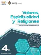 Portada del texto de Valores, Espiritualidades y Religiones de 4to de Secundaria: el nombre del área sobre fondo blanco y hexágonos de color turquesa sobre un fondo verde azulado oscuro, con el número 4to