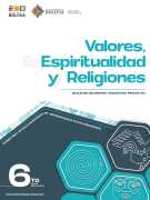 Portada del texto de Valores, Espiritualidades y Religiones de 6to de Secundaria: el nombre del área sobre fondo blanco y hexágonos de color turquesa sobre un fondo verde azulado oscuro, con el número 6to