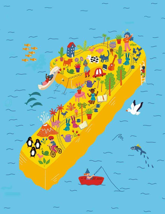 Imagen de portada del Texto del Estudiante de Sumo Primero 1° Básico: una isla amarilla con forma de número, con casas, plantas y animales, en un mar celeste con un bote rojo