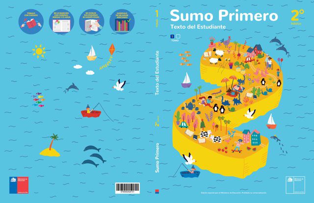 Imagen de portada del Texto del Estudiante de Sumo Primero 2° Básico: una isla amarilla con forma de número 2 en un mar celeste con veleros y delfines