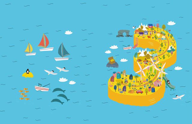 Imagen de portada del Texto del Estudiante de Sumo Primero 3° Básico: una isla amarilla con forma de número 3, con veleros y delfines en un mar celeste