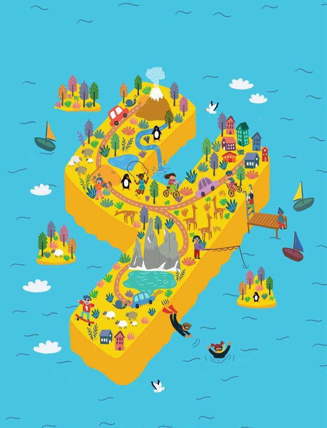 Imagen de portada del Texto del Estudiante de Sumo Primero 4° Básico: una isla amarilla con forma de número, con casas y animales, en un mar celeste con veleros