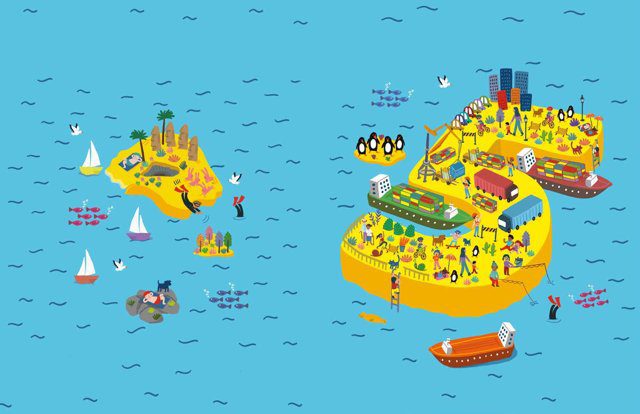 Imagen de portada del Texto del Estudiante de Sumo Primero 5° Básico: una isla amarilla con forma de número en un mar celeste con veleros