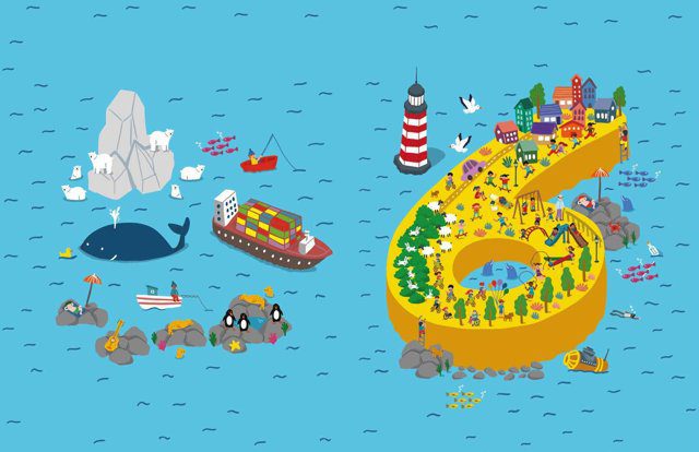 Imagen de portada del Texto del Estudiante de Sumo Primero 6° Básico: una isla amarilla con forma de número 6, con un faro y una ballena