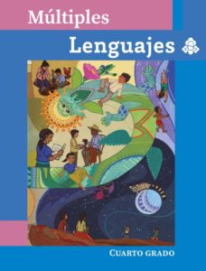 Portada de Múltiples lenguajes de cuarto grado: ilustración de personas que leen y conversan entre peces, plantas y un cielo estrellado
