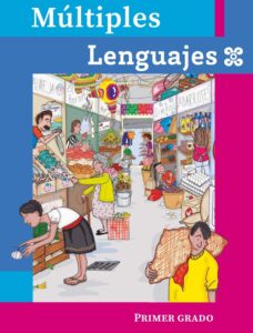 Portada de Múltiples lenguajes de primer grado: ilustración de un mercado con puestos de frutas y verduras, una mujer agachada y un hombre que carga un costal