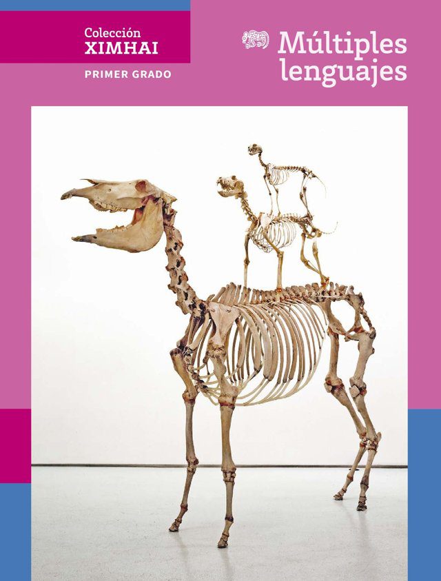 Portada de Múltiples lenguajes de primer grado de secundaria, colección Ximhai: fotografía del esqueleto de un caballo con un jinete esquelético sobre fondo blanco