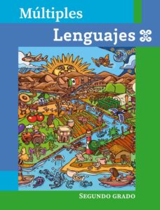 Portada de Múltiples lenguajes de segundo grado: ilustración colorida de un paisaje con sol, campos de cultivo, un río con barcas, aviones y animales