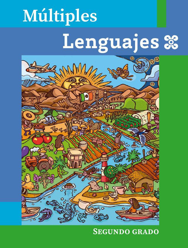 Portada de Múltiples lenguajes de segundo grado: ilustración colorida de un paisaje con sol, campos de cultivo, un río con barcas, aviones y animales