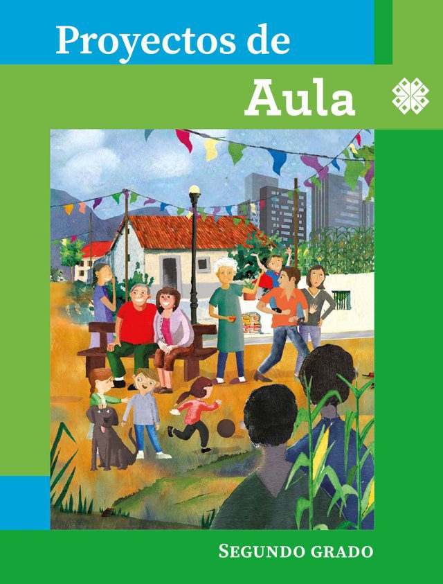 Portada de Proyectos de aula de segundo grado: ilustración de una plaza de pueblo con personas mayores sentadas y niñas y niños que juegan, con casas y edificios al fondo
