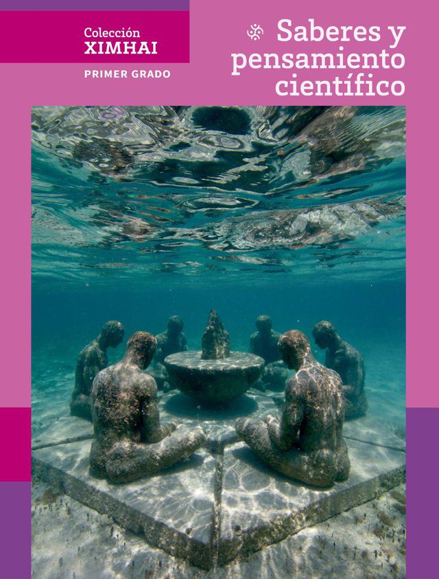 Portada de Saberes y pensamiento científico de primer grado de secundaria, colección Ximhai: fotografía submarina de figuras humanas de piedra sentadas en círculo en el fondo del mar