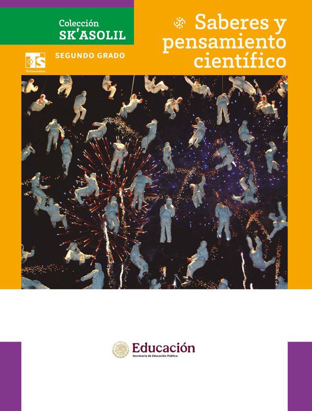 Portada de Saberes y pensamiento científico de segundo grado de secundaria, colección Sk'asolil: fotografía nocturna con siluetas de personas suspendidas sobre un fondo oscuro con fuegos artificiales