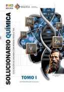 Portada del Solucionario de Química, Tomo I, de Secundaria: símbolos de elementos de la tabla periódica, una cadena de ADN y un científico