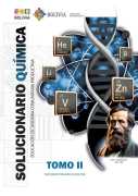 Portada del Solucionario de Química, Tomo II, de Secundaria: símbolos de elementos de la tabla periódica, una cadena de ADN y un científico