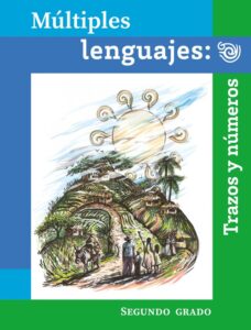 Portada de Múltiples lenguajes: Trazos y números de segundo grado: dibujo de un camino que rodea un cerro verde con personas y un burro bajo un sol
