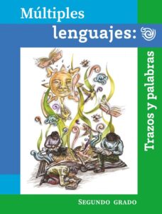 Portada de Múltiples lenguajes: Trazos y palabras de segundo grado: dibujo de niñas y niños que leen alrededor de un libro grande, bajo un sol con rostro y figuras en espiral