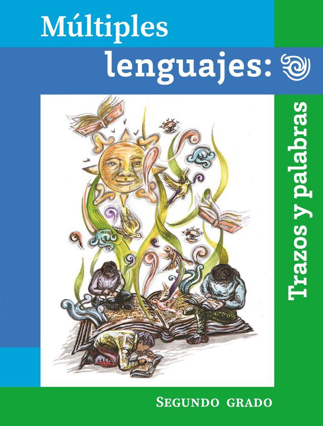 Portada de Múltiples lenguajes: Trazos y palabras de segundo grado: dibujo de niñas y niños que leen alrededor de un libro grande, bajo un sol con rostro y figuras en espiral
